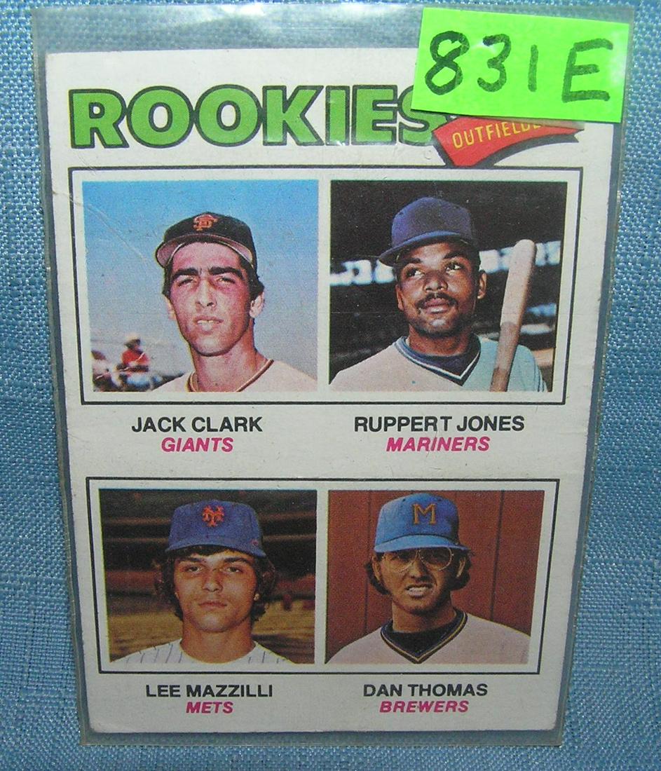 Lee Mazzilli/Jack Clark/Rupert Jones baseball card: Lee Mazzilli, Jack Clark and Rupert Jones rookie baseball card 1977 est. value $25.00-$30.00