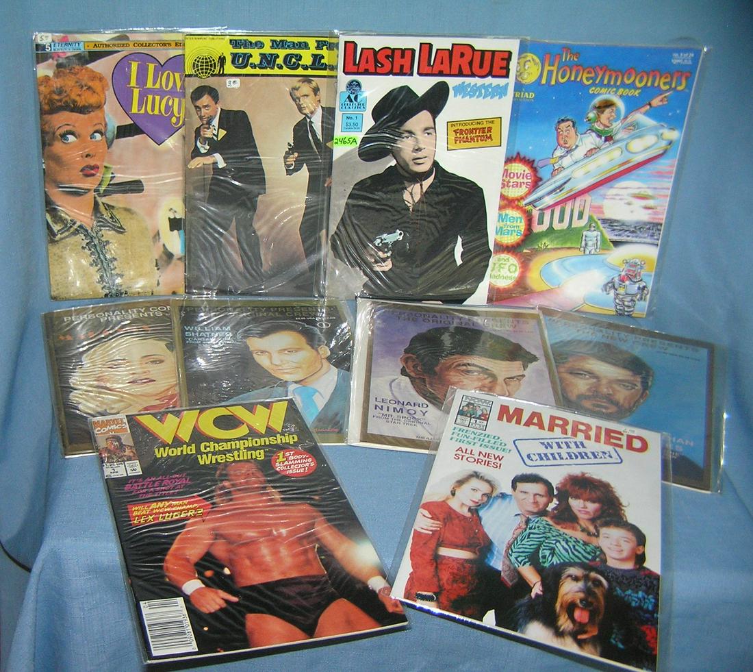Vintage personality and TV star comic books: collection of vintage personality and TV star comic books featuring Lash Larue, Man from Uncle, I Love Lucy, Star Trek, the Honeymooners, Married with Children, Madonna and wrestling. est. value $75.0