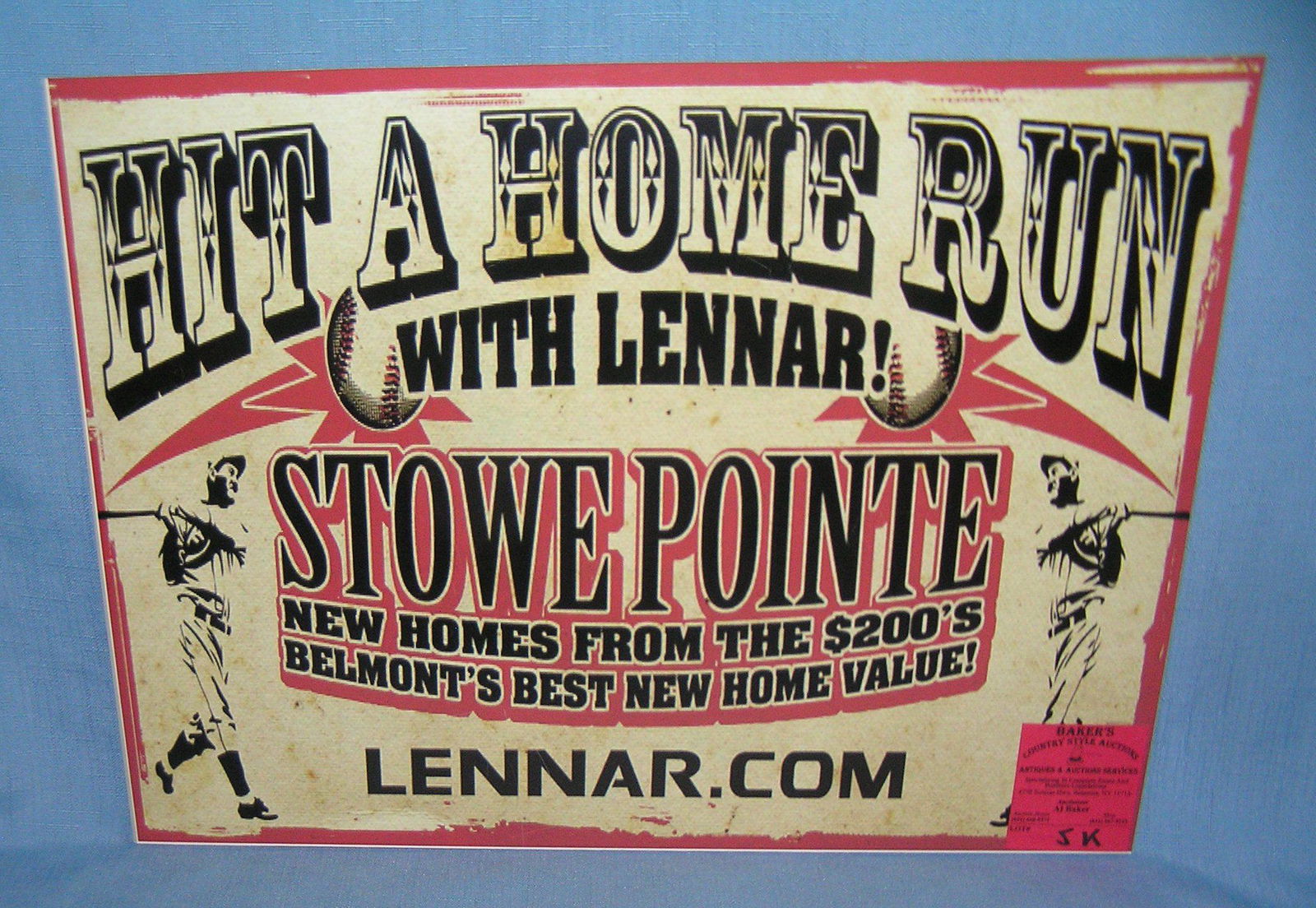 Hit a Home Run with Lennar retro style sign: Hit a Home Run with Lennar retro style advertising sign 12 inches by 16 inches est. value $40.00-$50.00