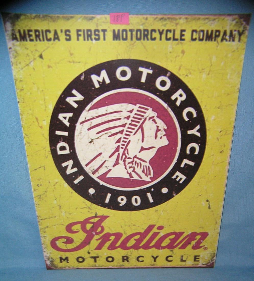indian Motorcycle retro advertising sign: indian Motorcycle retro advertising sign 12 inches by 16 inches est. value $40.00-$50.00