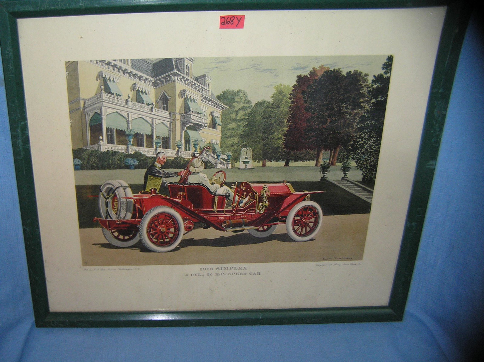 1910 simplex vintage framed print: 1910 simplex 4 cylinder 50 HP speed car vintage framed print dated 1952 est. value $100.00-$125.00