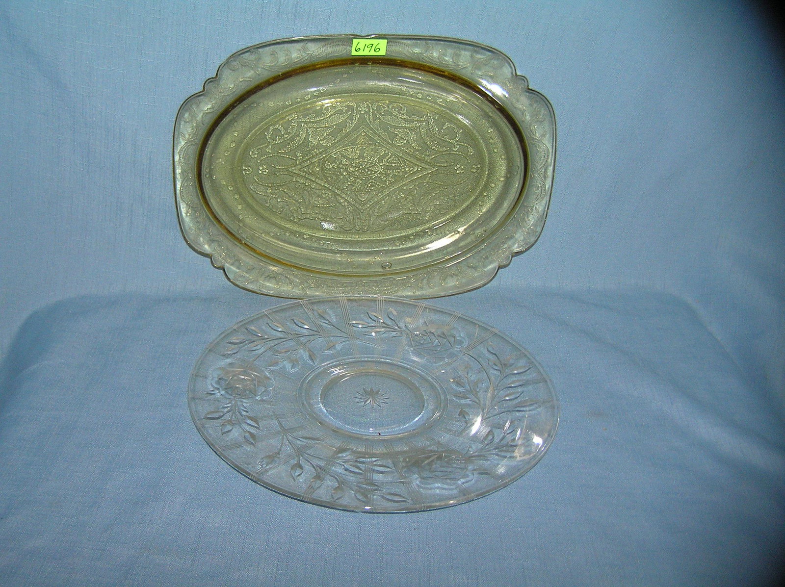 Pair of Depression glass serving platters and plate: Pair of Depression glass serving platters and plate yellow and clear est. value $25.00-$30.00