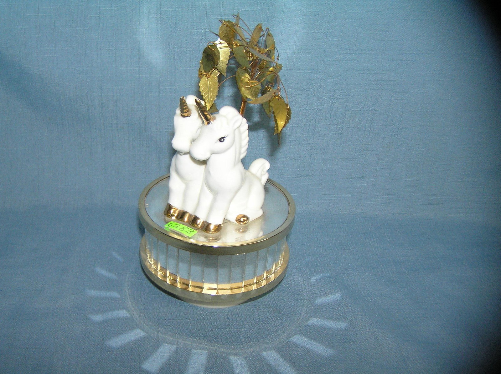 Dual unicorned mirrored music box by Enesco: Dual unicorned mirrored music box by Enesco featuring the song "Memory" from the Broadway show Cats est. value $35.00-$40.00