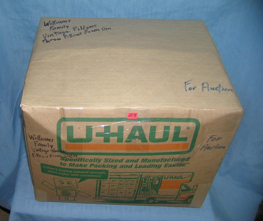 Mystery box marked William's family vint throw pillows: Mystery moving and storage Co. box lot marked William's family vintage throw pillows part of a moving and storage company seized or unclaimed merchandise group sent to auction for liquidation est. val