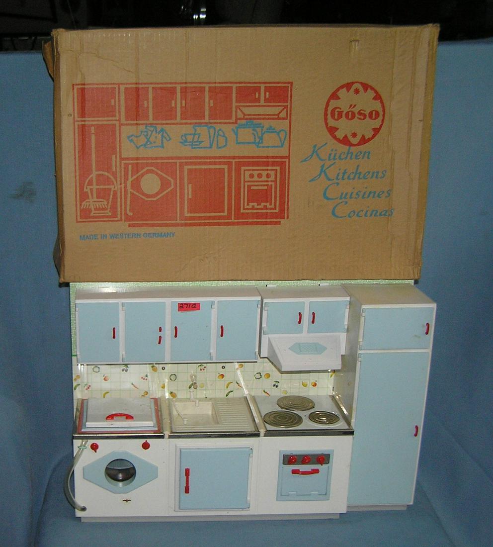 Vintage tin and plastic kitchen play set: Vintage tin and plastic kitchen play set with original box by Goso Western Germany circa 1950's est. value $150.00-$200.00