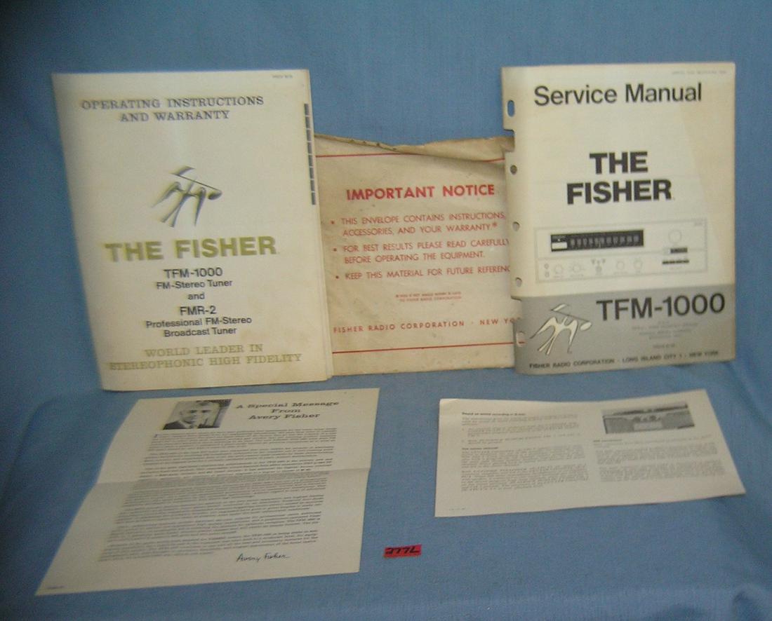 4 piece Fisher Co. ephemera group dated 1965: Vintage Fisher TFM-1000 FM stereo tuner stereo system 4 piece operating instruction booklet service manuel booklet and stereo tape recorder broschure and form letter from Avery Fiisher, founder, 4 pie