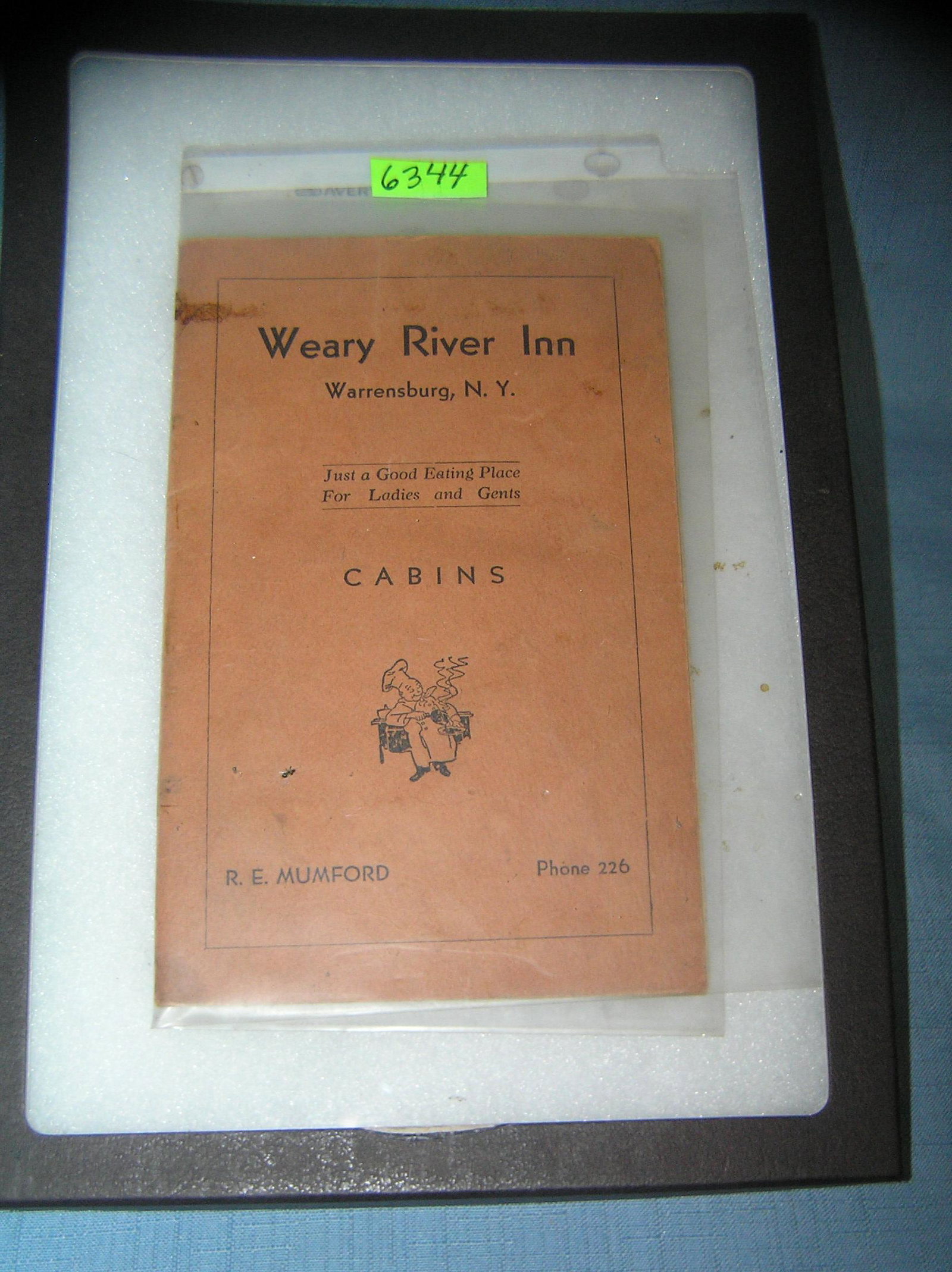 Antique Weary River Inn menu: Antique Weary River Inn menu est. value $40.00-$50.00