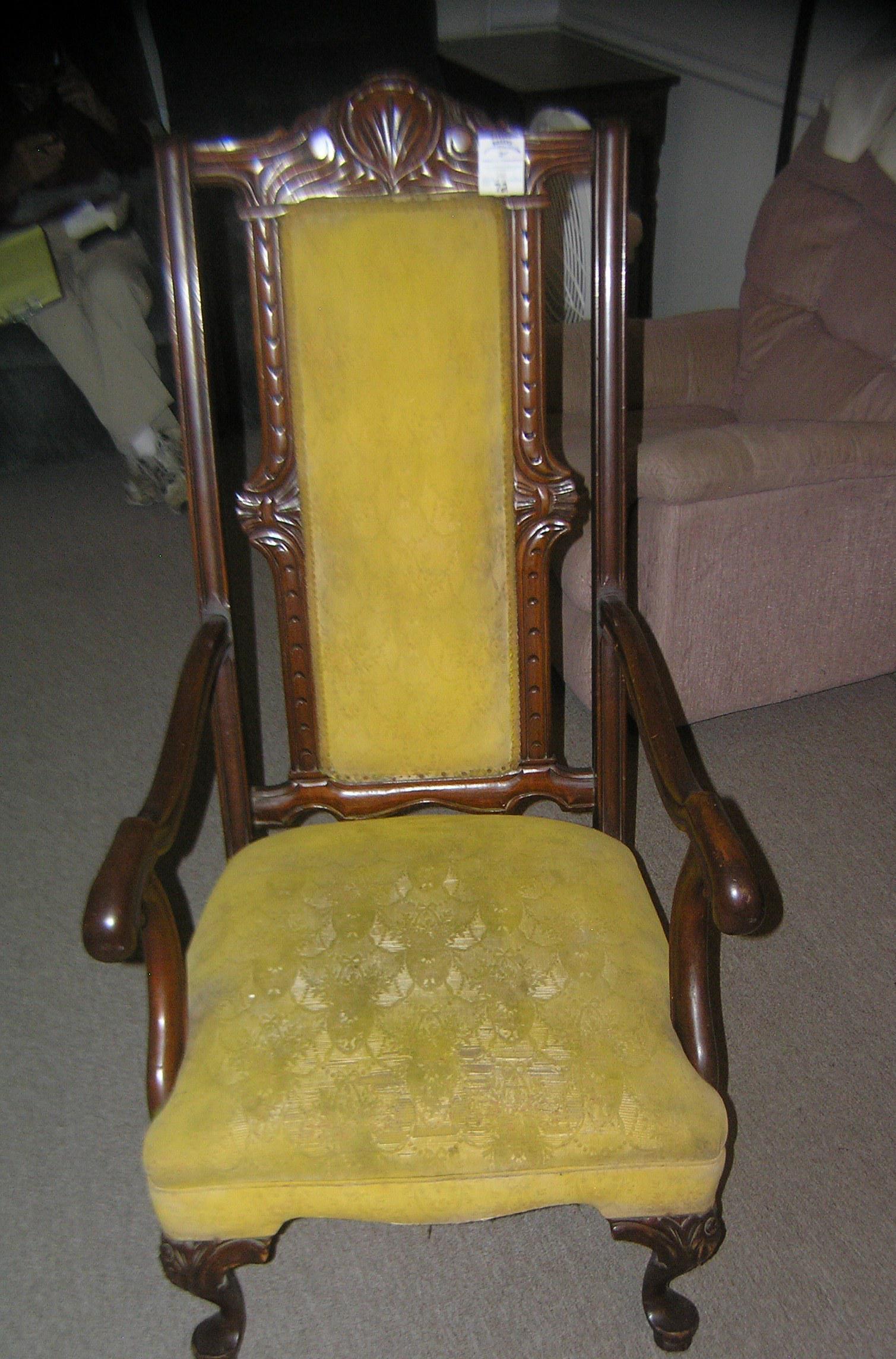 Vintage walnut and upholstered arm chair: Vintage walnut and upholstered arm chair est. value $$200.00-250.00