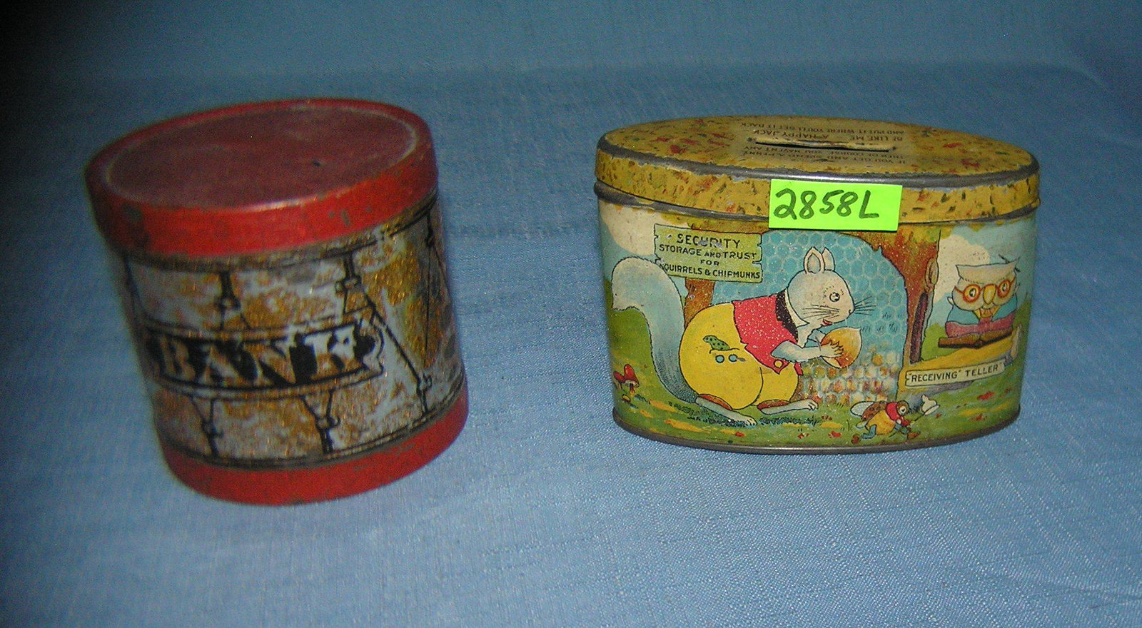 Pair of antique tin banks: Pair of antique tin banks Includes an early rabbit with owl bank and a Civil War Union style drum bank est. value $75.00-$100.00