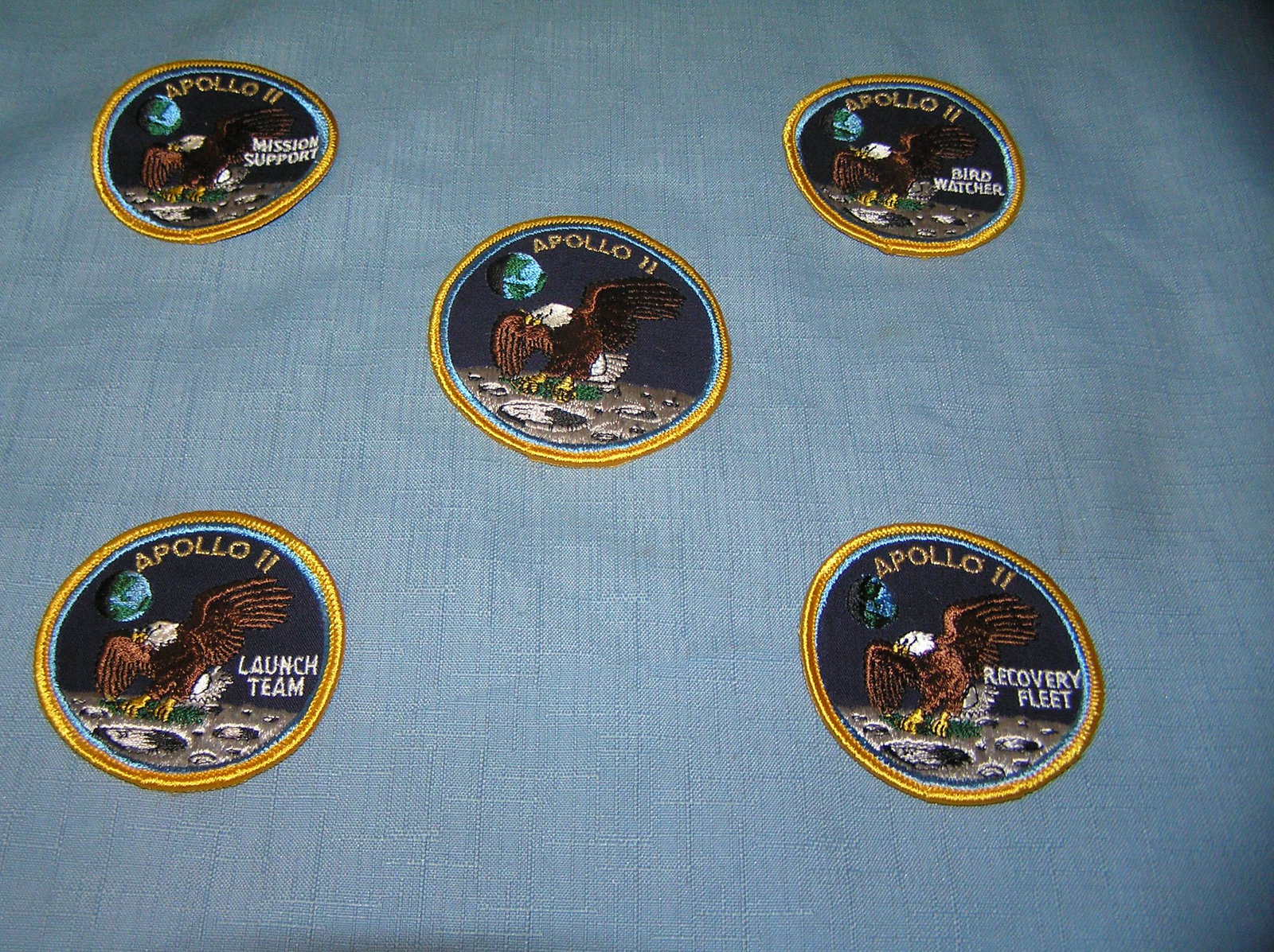 Complete set of five rare Apollo 11 patches: Complete set of five rare hand embroidered Apollo 11 first man on the moon patches still factory packaged as distributed by NASA space program est. value $100.00-$125.00