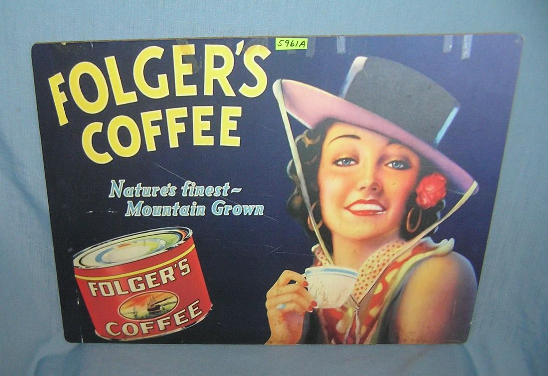 Folger's Coffee retro style advertising sign: Folger's Coffee nature's finest mountain grown large 18 inch by 24 inch retro style advertising sign great color graphics est. value $150.00-$200.00