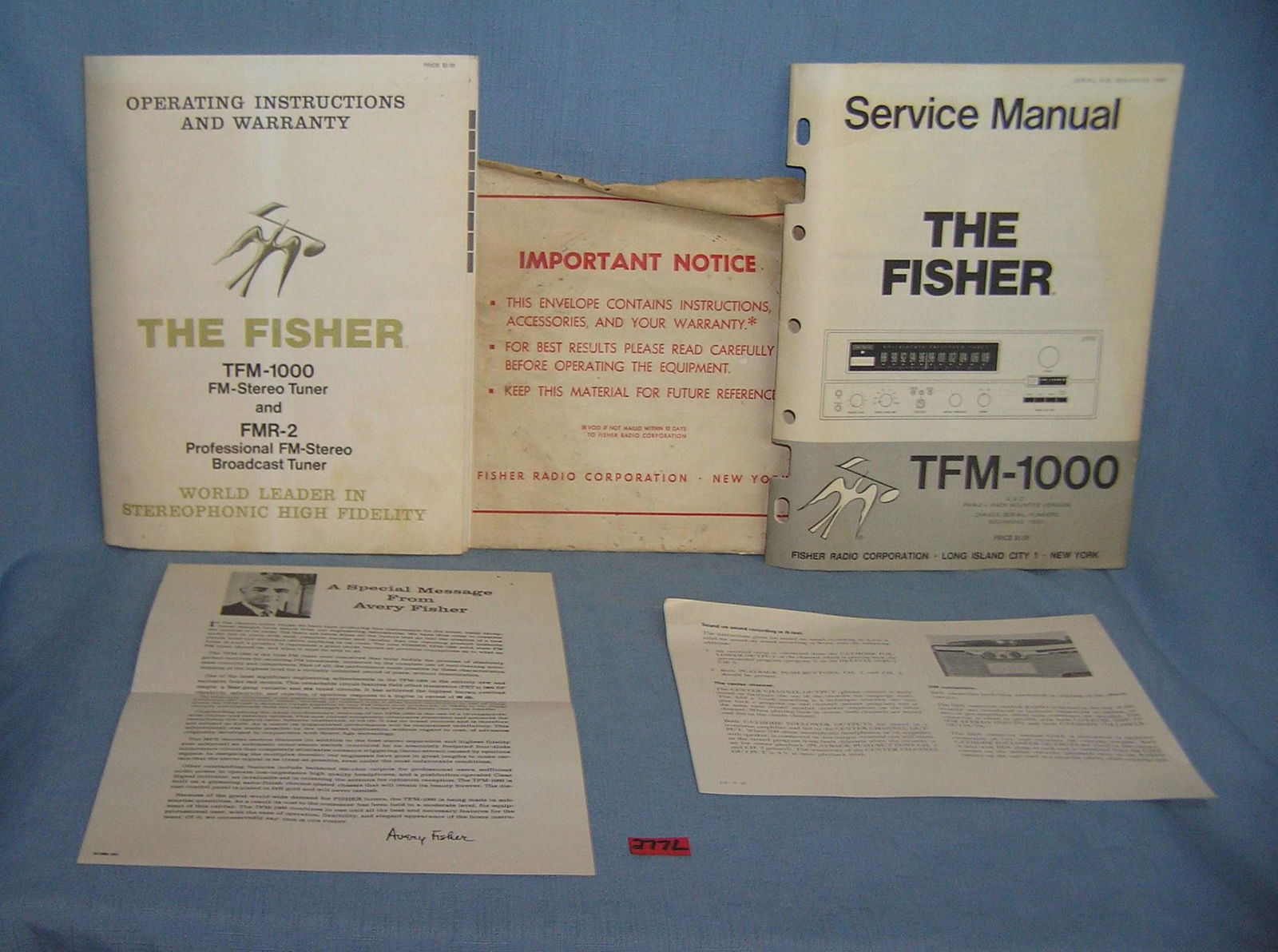 4 piece Fisher Co. ephemera group dated 1965: Vintage Fisher TFM-1000 FM stereo tuner stereo system 4 piece operating instruction booklet service manuel booklet and stereo tape recorder broschure and form letter from Avery Fiisher, founder, 4 pie