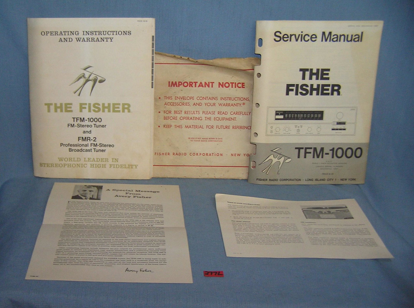 4 piece Fisher Co. ephemera group dated 1965: Vintage Fisher TFM-1000 FM stereo tuner stereo system 4 piece operating instruction booklet service manuel booklet and stereo tape recorder broschure and form letter from Avery Fiisher, founder, 4 pie