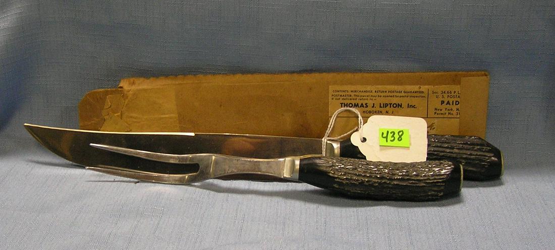 Two piece bone handled carving set: Two piece bone handled carving set with original mailing package est. value $125.00-$175.00