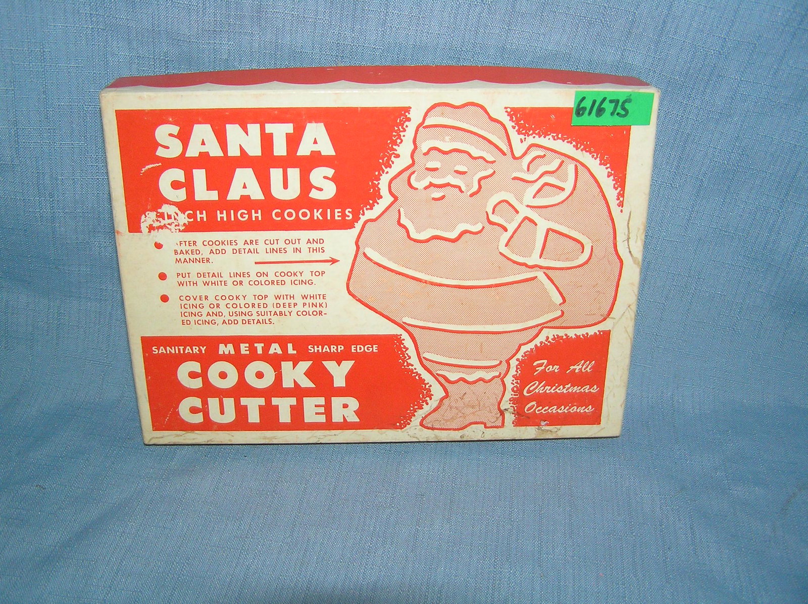 Vintage Santa Claus 8 inch cookie cutter with original: Vintage Santa Claus 8 inch cookie cutter with original box circa 1950s est. value $25.00-$30.00