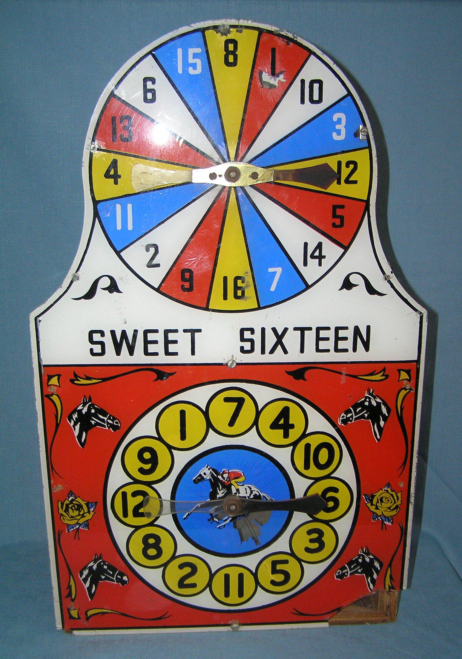 Sweet 16 horse race gambling trade stimulator: Sweet 16 horse race themed electronic mechanical numbers gambling trade stimulator ca. 1940's, works great, some lower right corner damage otherwise an excellent display piece est. value $400.00-$500.