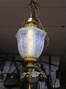 Vintage chandelier with floral decorated glass centerpiece: Vintage chandelier with floral decorated glass centerpiece and hanging tassel pull switch est. value $350.00-$450.00