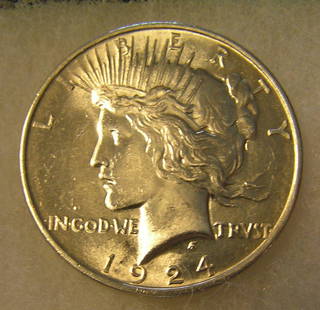 1924 Peace silver dollar in AU condition: 1924 Lady Liberty Peace silver dollar in AU condition est. value $175.00-$200.00