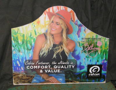 Cobian foot wear sign featuring Bethany Hamilton: Cobian foot wear advertising double sided sign featuring professional surfer and shark attack suvivor Bethany Hamilton with Brittany and Mahina est. value $75.00-$80.00