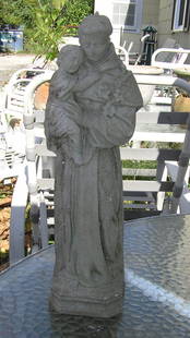 Joseph and baby Jesus cement garden figure: Joseph and baby Jesus cement garden figure 17 1/2 inches high by 6 inches wide est. value $65.00-$75.00