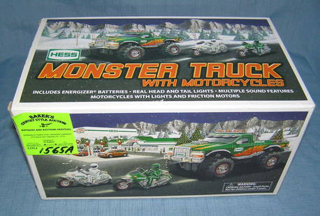 Vintage Hess monster trucks with motor cycle scarce: Vintage Hess monster trucks with motor cycle scarce est. value $60-$70