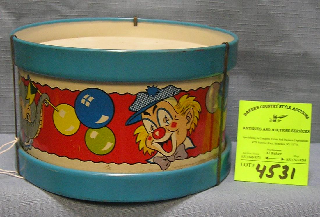 Antique tin circus decorated toy drum: Antique tin circus decorated toy drum by Ohio Art Toys $40.00-$60.00