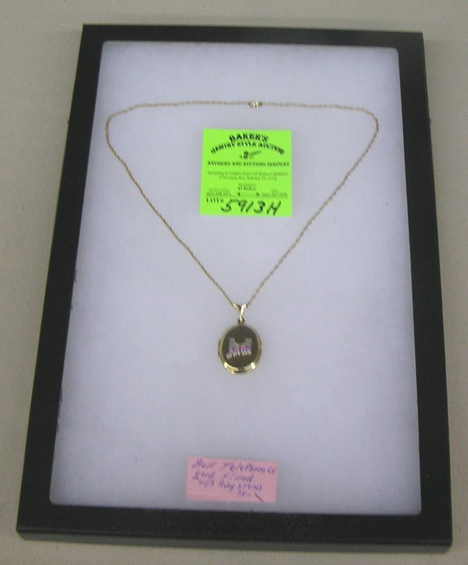 Bell Telephone Co. employee award necklace and locket: Vintage gold filled Bell Telephone Co. employee award necklace and locket with 3 ruby stones, great employee presentation piece est. value $75.00-$100.00