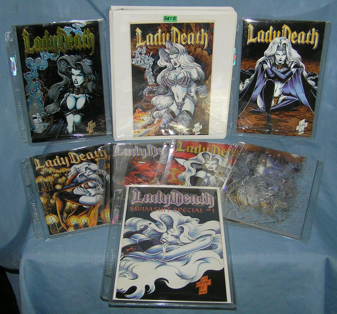 Collection of early Lady Death comic books: Collection of early Lady Death comic books featuring 0 premier issue, first editions, collector card set and more with binder and pages est. value $275.00-$300.00