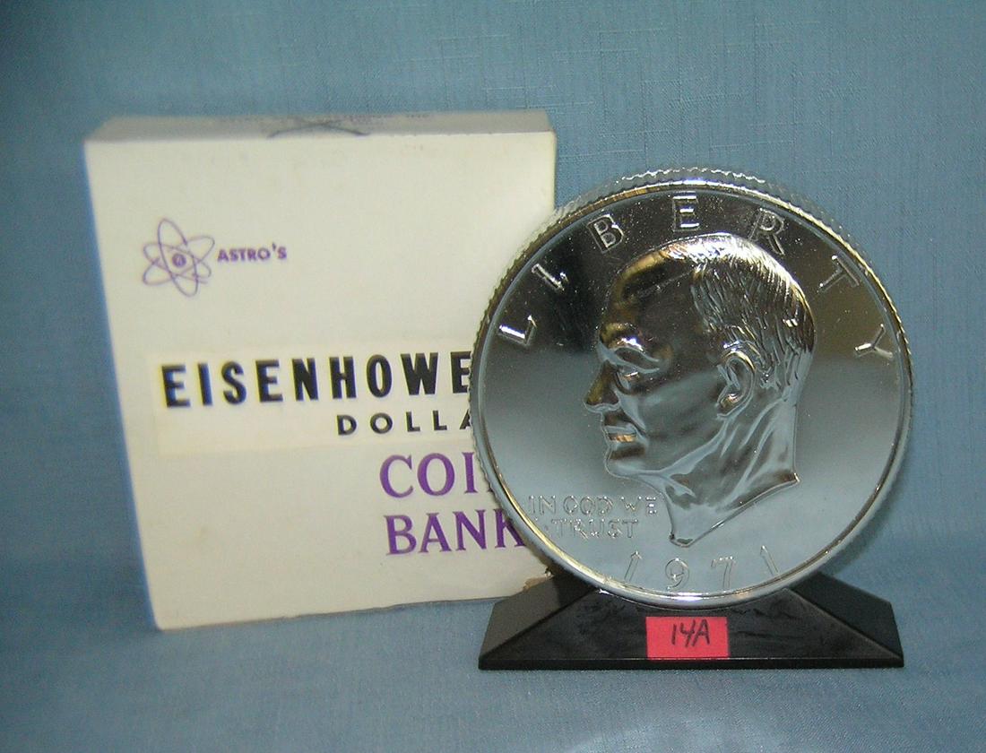 Eisenhower "IKE" savings bank with original box: President Dwight D. Eisenhower "IKE" double sided all cast metal savings bank with original box est. value $75.00-$80.00