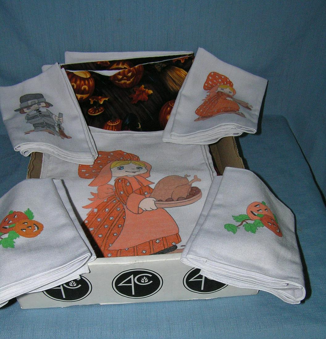 Nice box of old vintage holiday linens: Nice box of old vintage holiday linens includes Thanksgiving and Halloween est. value $50.00-$75.00