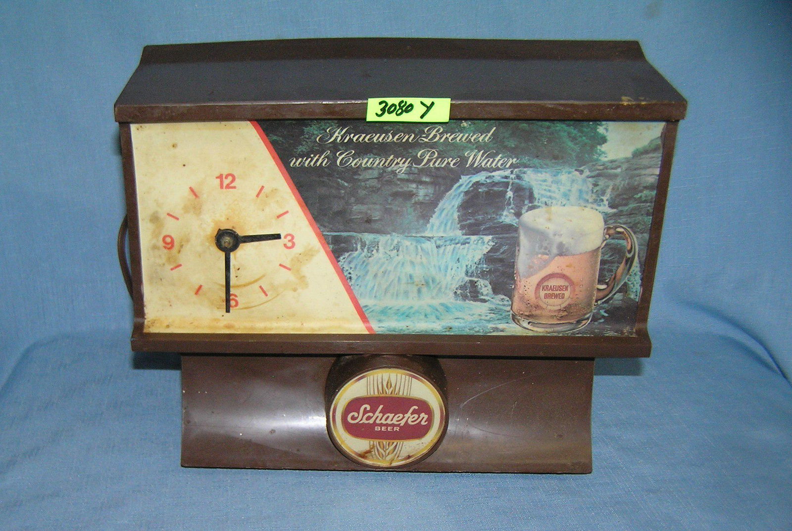 Vintage Schaefer Beer store display beer clock: Vintage Schaefer Beer illuminated advertising store display beer clock with waterfall action est. value $125.00-$150.00