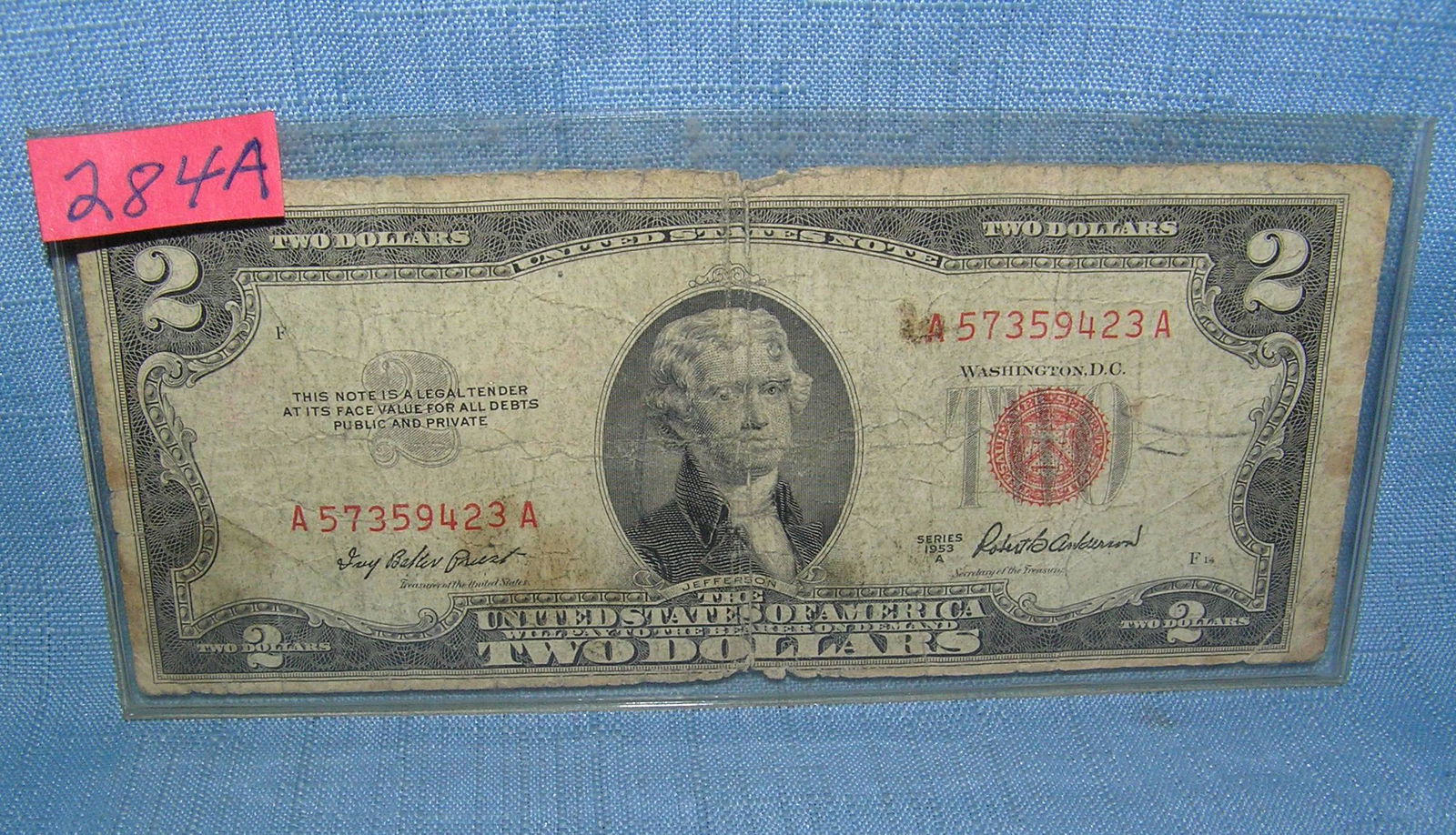 Early US two dollar red tone $2.00 bill dated 1953: Early US two dollar red tone $2.00 bill dated 1953 est. value $35.00-$45.00