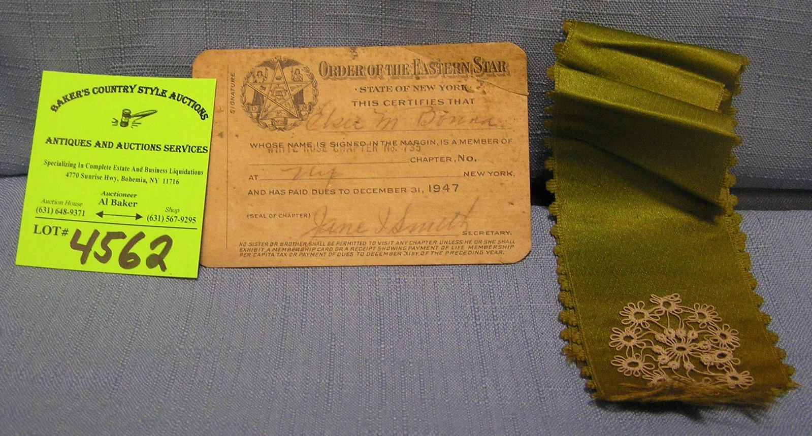 Early Masonic I.D. card and ribbon: Early Masonic I.D. card and ribbon dated 1947 $25.00-$30.00