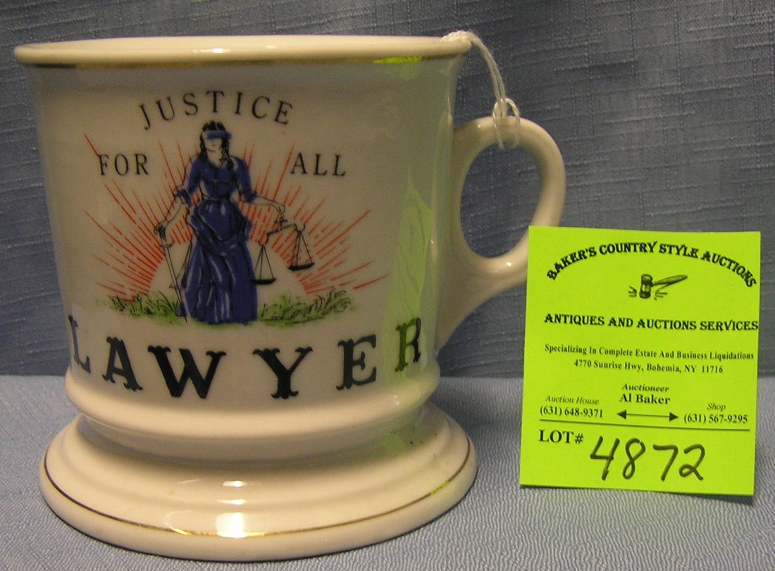 Vintage shaving mug titled lawyer and justice for all: Vintage shaving mug titled lawyer and justice for all est. value $200.00-$225.00