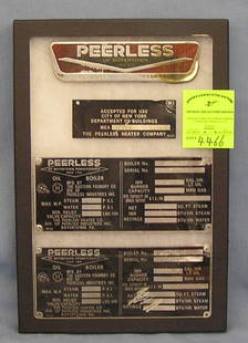 Collection of industrial boiler ID plates: Collection of industrial boiler ID plates from the Peerless Co. of Boyertown PA, group of 4 vintage plates est. value $40.00-$50.00