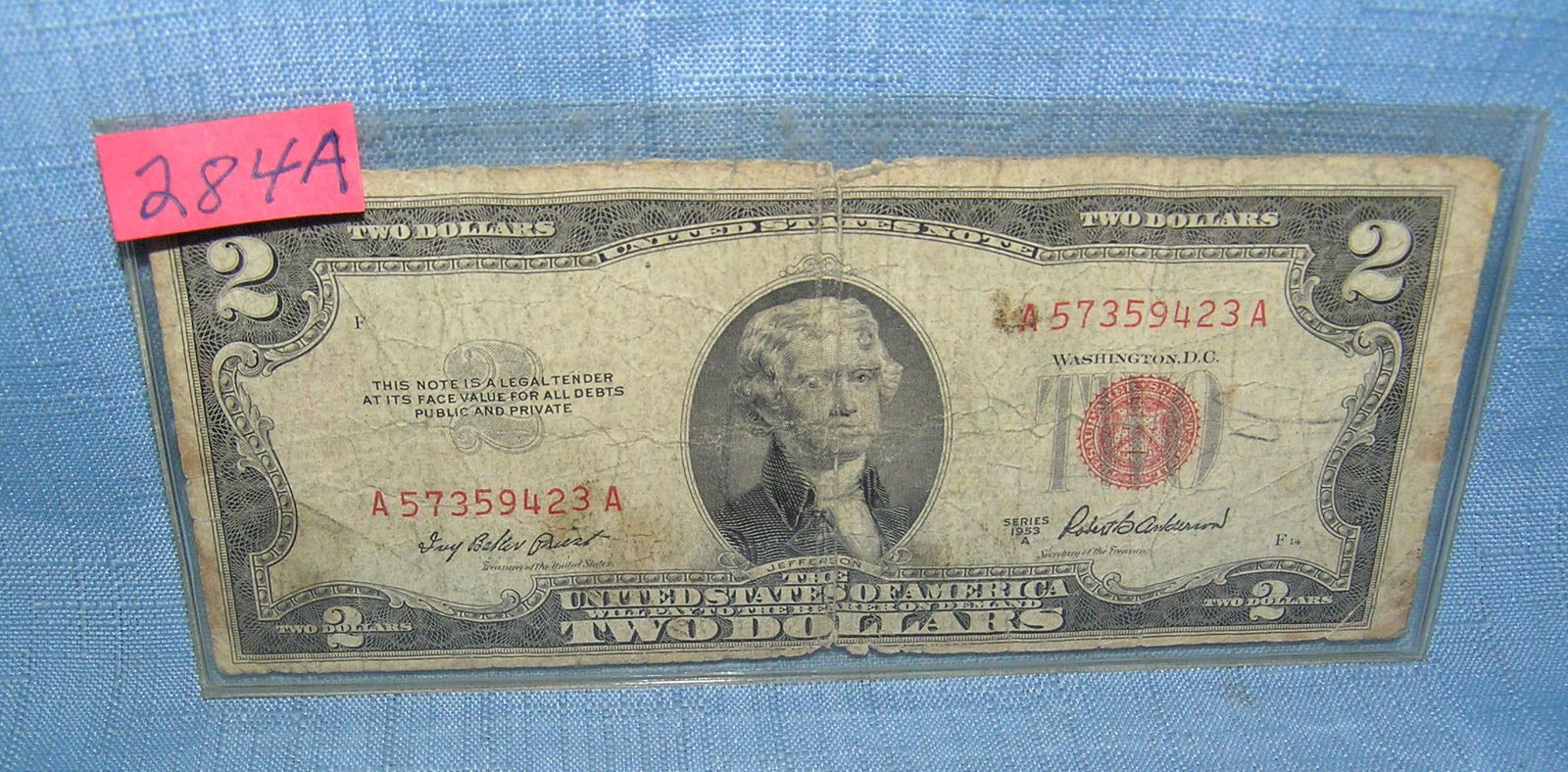 Early US two dollar red tone $2.00 bill dated 1953: Early US two dollar red tone $2.00 bill dated 1953 est. value $35.00-$45.00
