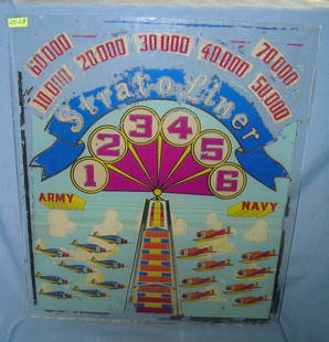 Strat-O-Liner pinball machine reverse painted glass front display: Strat-O-Liner pinball machine reverse painted glass front display 19 inches wide by 22 inches long circa 1950s est. value $300.00-$350.00
