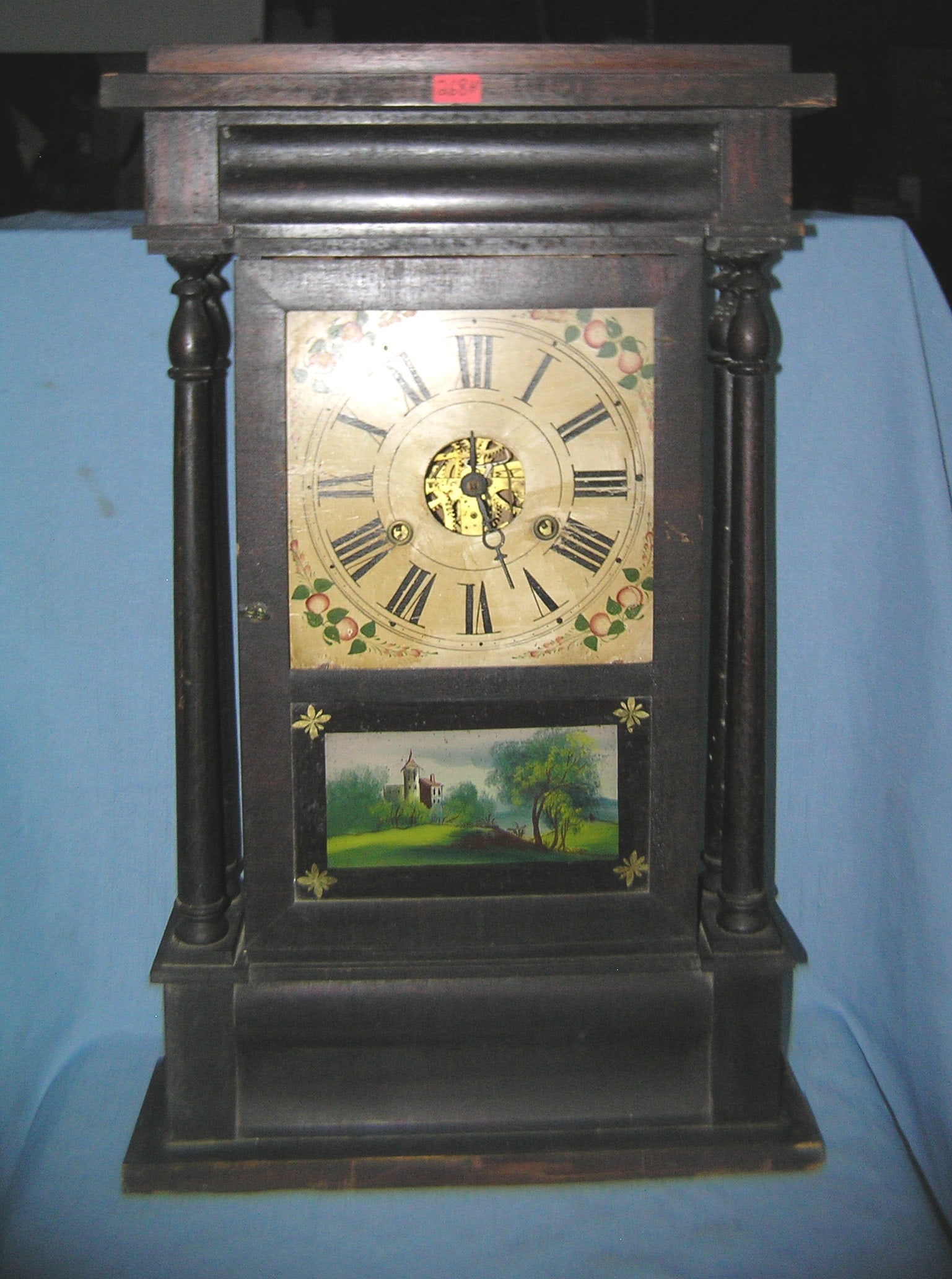 Antique Joseph L Smith reverse painted shelf clock: Antique Joseph L Smith reverse painted glass and walnut weight driven shelf clock sold and distributed by Smith and Dibble jewelry Co. Uniondale NY dated 1871 hand painted fruit decotated face plate c