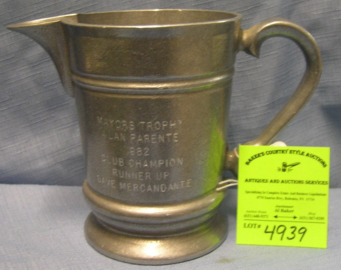 Vintage all cast aluminum whiskey water pitcher: Vintage all cast aluminum whiskey water pitcher titled mayor?s trophy cup $40.00-$50.00