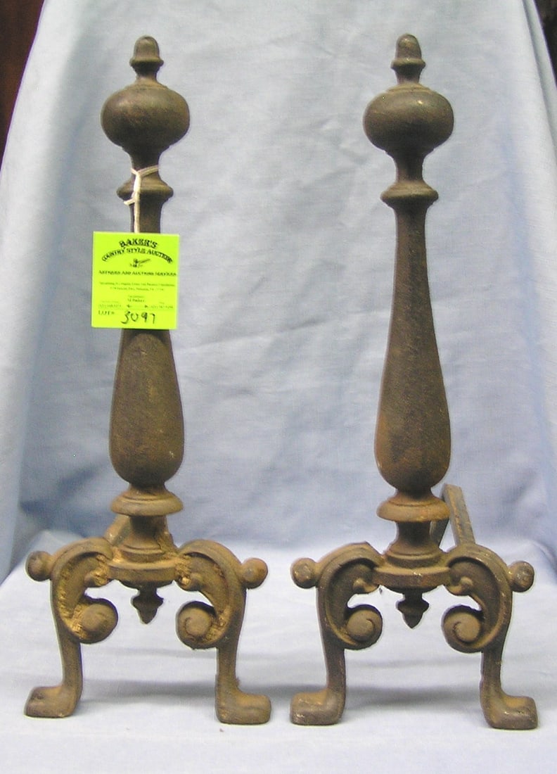 Pair of antique cast iron fireplace andirons: Pair of antique cast iron fireplace andirons est. value $75.00-$100.00