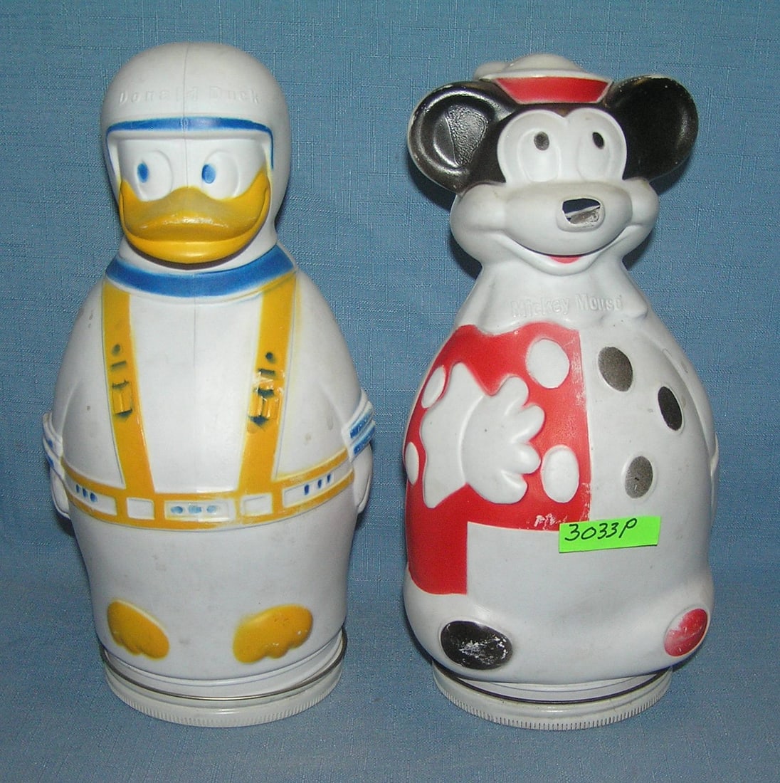 Mickey & Donald Duck Wheat Puffs cereal containers: Mickey Mouse and Donald Duck puppets Wheat Puffs cereal figural cereal containers, small pushed in damage to Mickey's nose otherwise very good plus est. value $75.00-$80.00