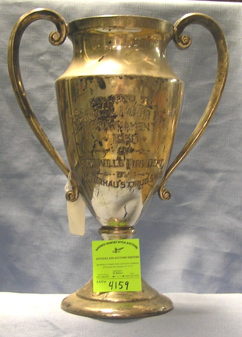 Antique silver plated fire department presentation trophy: Antique 13 inch silver plated fire department presentation trophy circa 1930s $350.00-$400.00