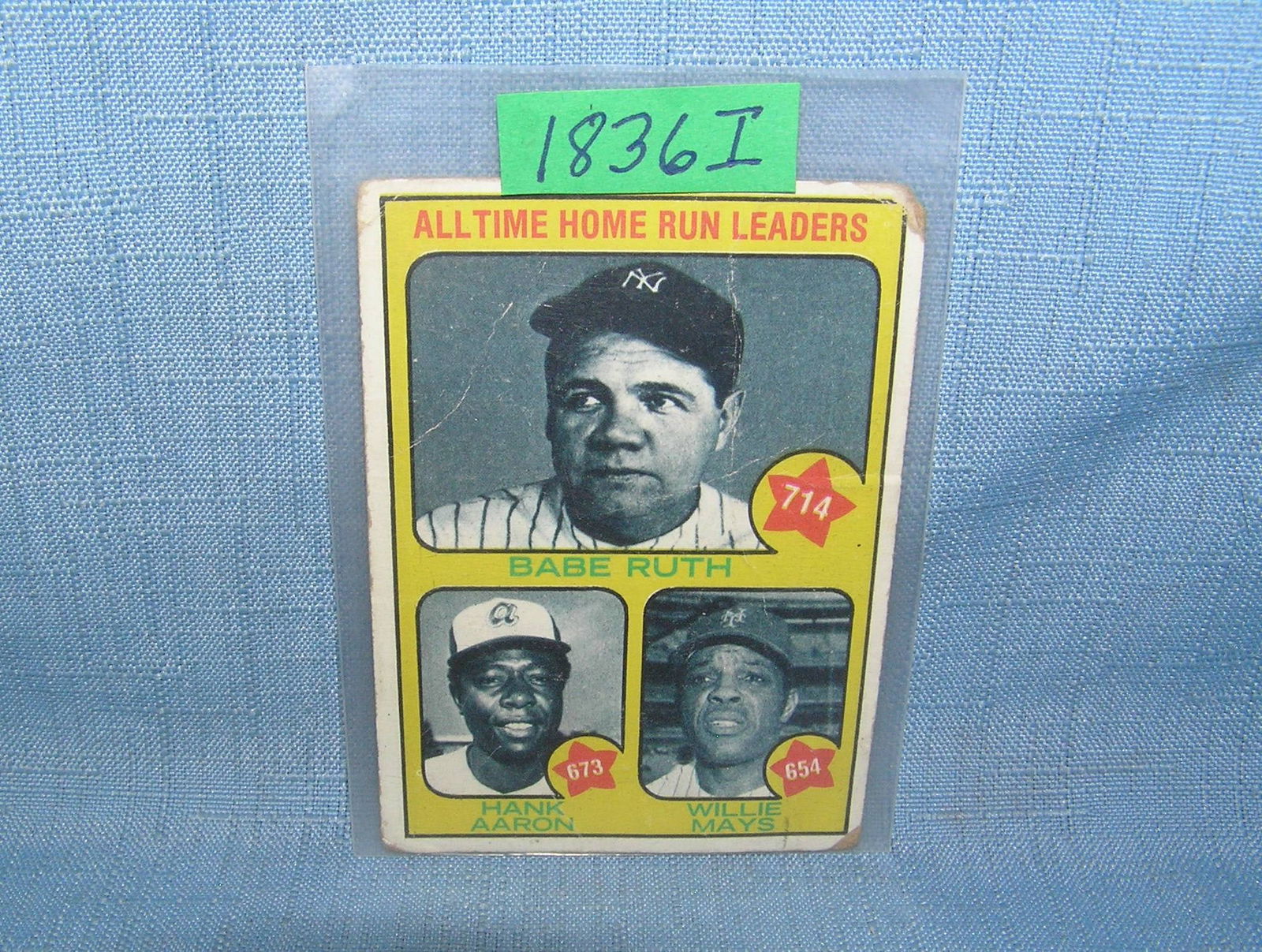 Babe Ruth, Hank Aaron and Willie Mays home run leaders 1973 Topps baseball card: Babe Ruth, Hank Aaron and Willie Mays home run leaders 1973 Topps baseball card est. value $175.00-$200.00