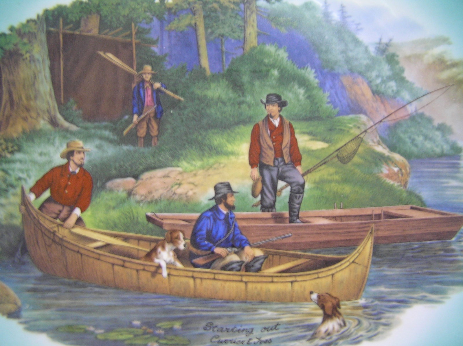 Starting Out early Currier and Ives wall plate: "Starting Out" early Currier and Ives fishing themed decorative wall plate dated 1926 Bavaria with crown mark on back 11 1/2 inches round with gold rim est. value $200.00-$225.00