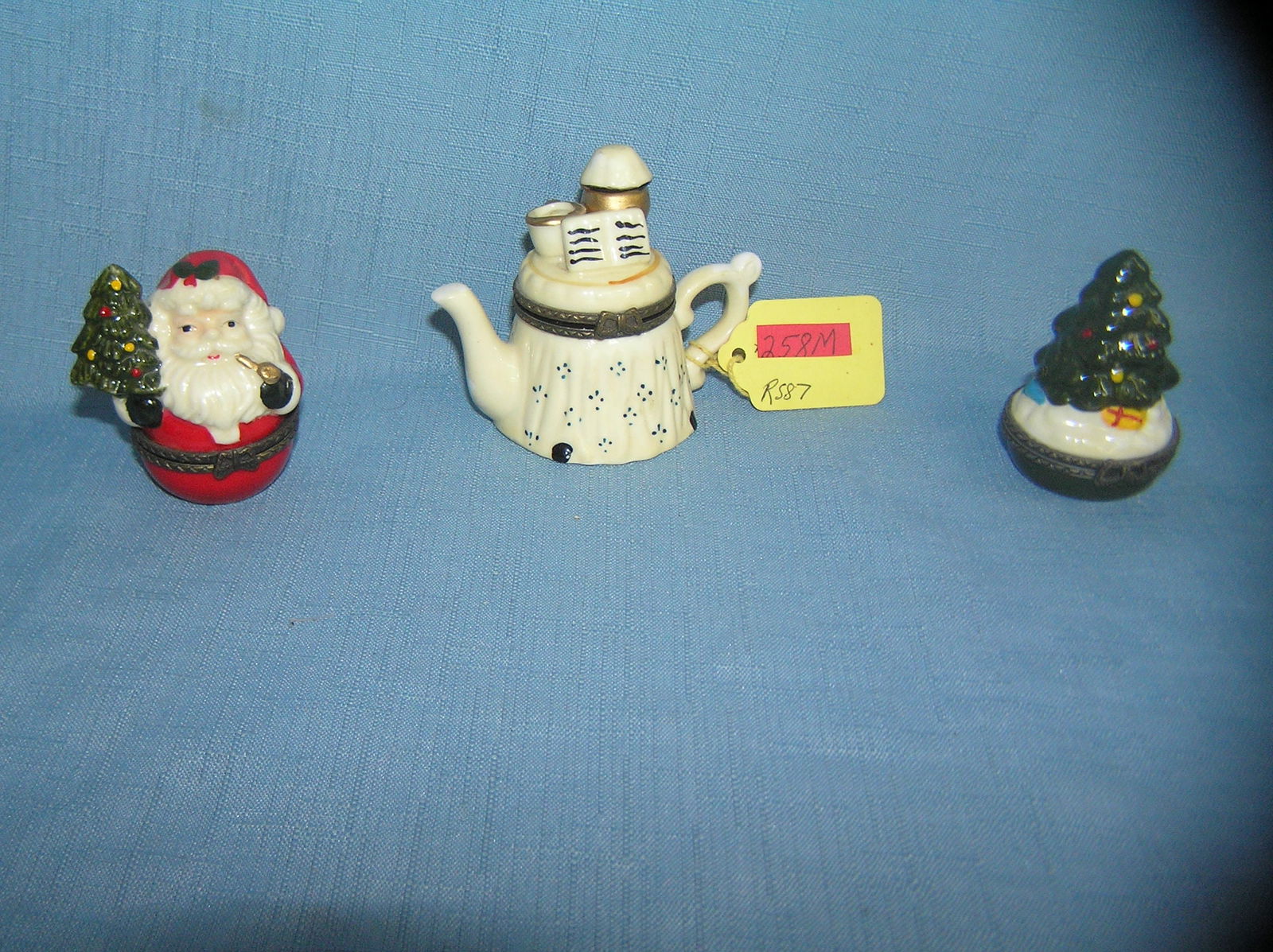 Group of 3 figural porcelain hinged pill boxes: Group of 3 figural porcelain hinged pill boxes est. value $50.00--$65.00