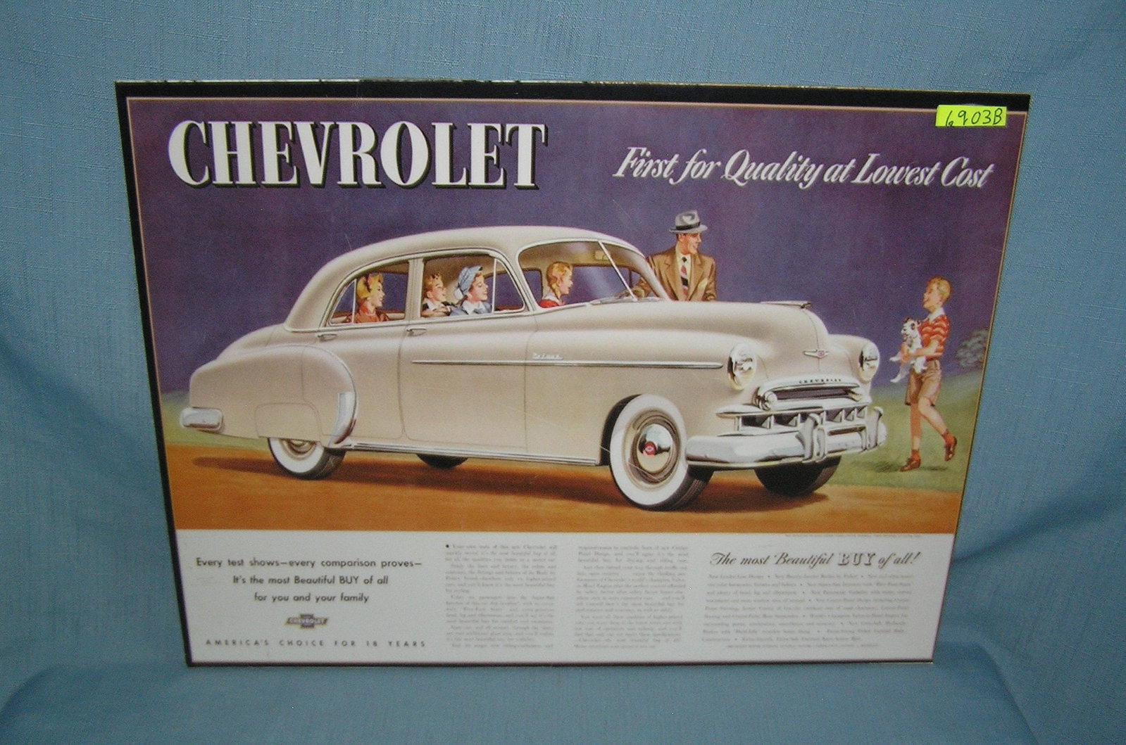 Chevrolet first at quality at lowest cost retro style advertising sign: Chevrolet first at quality at lowest cost retro style advertising sign printed on PVC hardboard these signs are auctioned for their decorative and display purposes 12 inches by 16 inches est. value $5