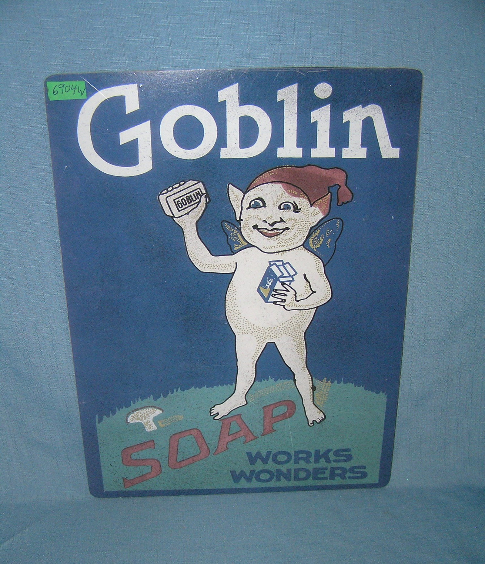 Goblin Soap retro style advertising sign: Goblin Soap retro style advertising sign printed on PVC hardboard these signs are auctioned for their decorative and display purposes 12 inches by 16 inches est. value $50.00-$60.00