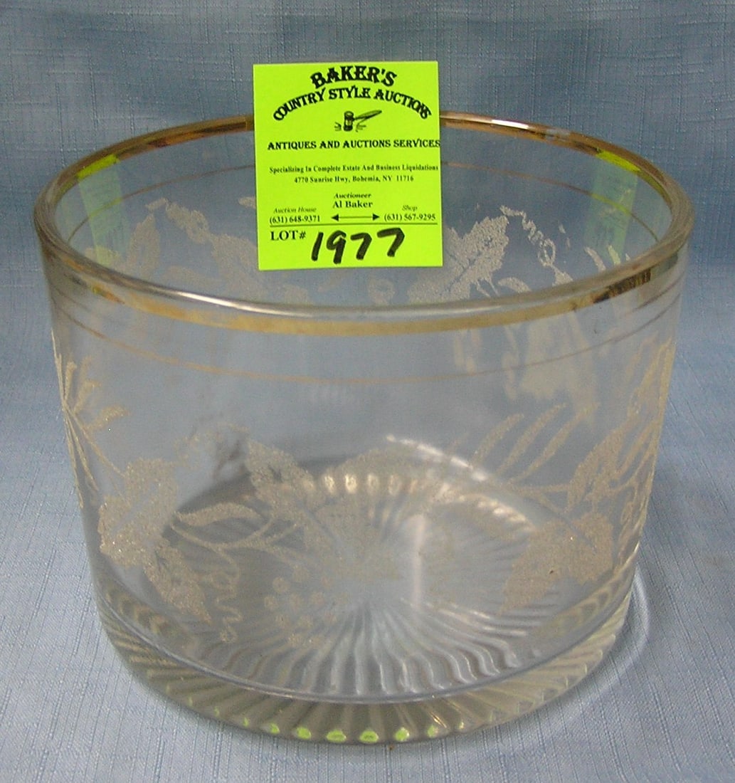 Antique etched glass serving bowl with gold trim: Antique etched glass serving bowl with gold trim est. value $30.00-$40.00