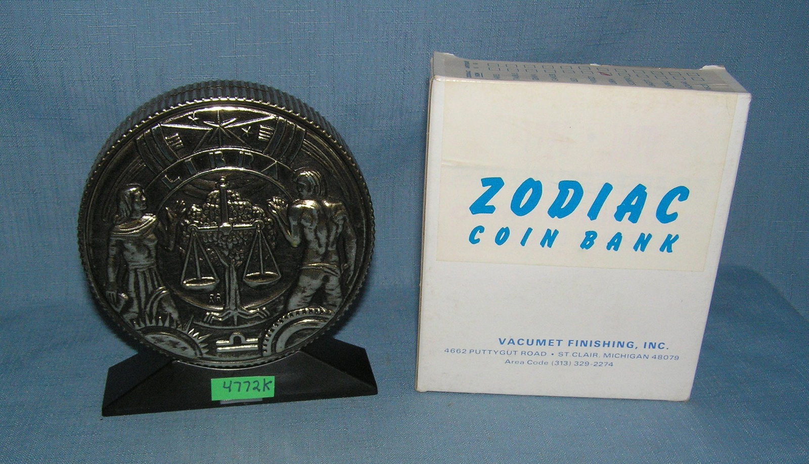 Libra Zodiac coin bank all cast metal with original box: Libra Zodiac coin bank all cast metal with original box est. value $75.00-$80.00