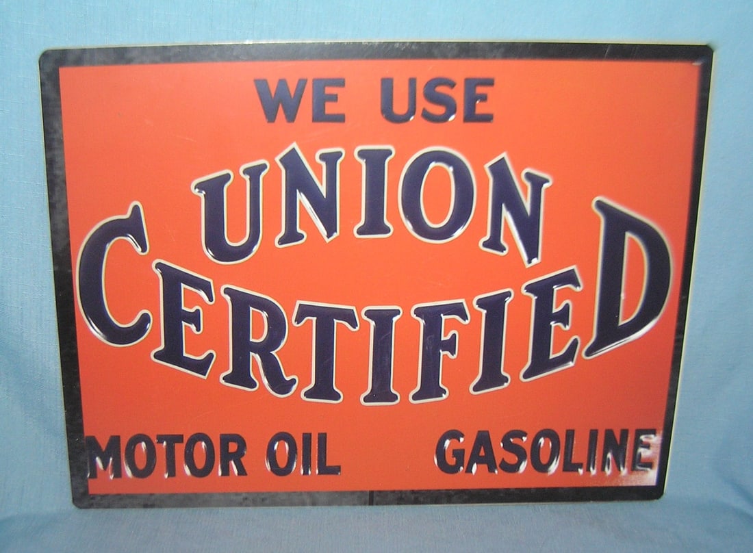 We use Union Certified motor oil retro style sign: We use Union Certified motor oil gasoline retro style advertising sign printed on PVC hard board these signs are auctioned for there decorative and display purposes 12 by 16 est. value $50.00-$60.00